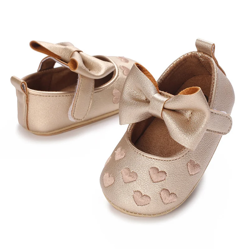 Baby Shoes Party Princess Heart Jacquard Bowknot PU Non-Slip Slippers Adorable Newborn Girls First Walkers