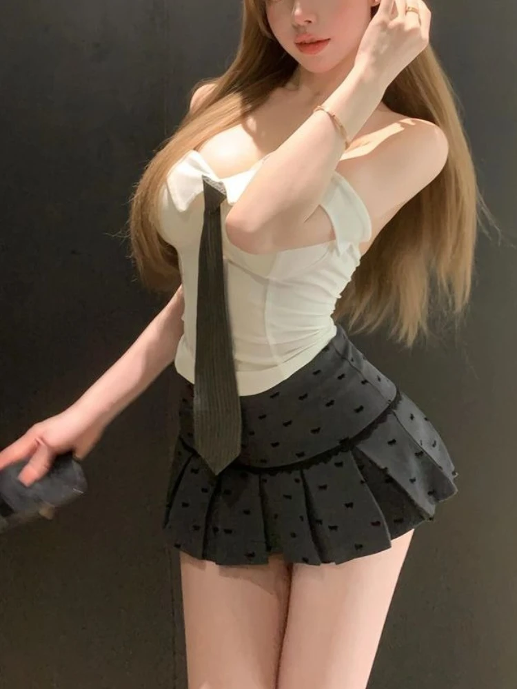 

Sexy Academy Style Women 2 Piece Set Off Shoulder T-shirt Y2k Tops + High Waist Polka Dot Pleat Skirt Female Sweet Chic Outfits