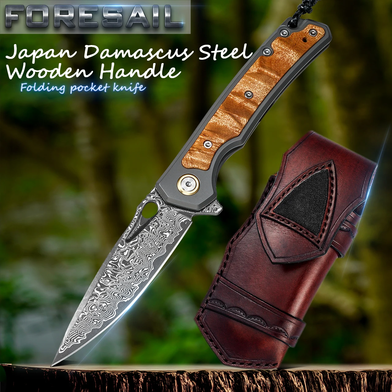 High Quality Damascus Steel Pocket Folding Knife with Maple Handle, Pocket Clip.Men's Outdoor Knife Ideal for Camping Hiking.EDC