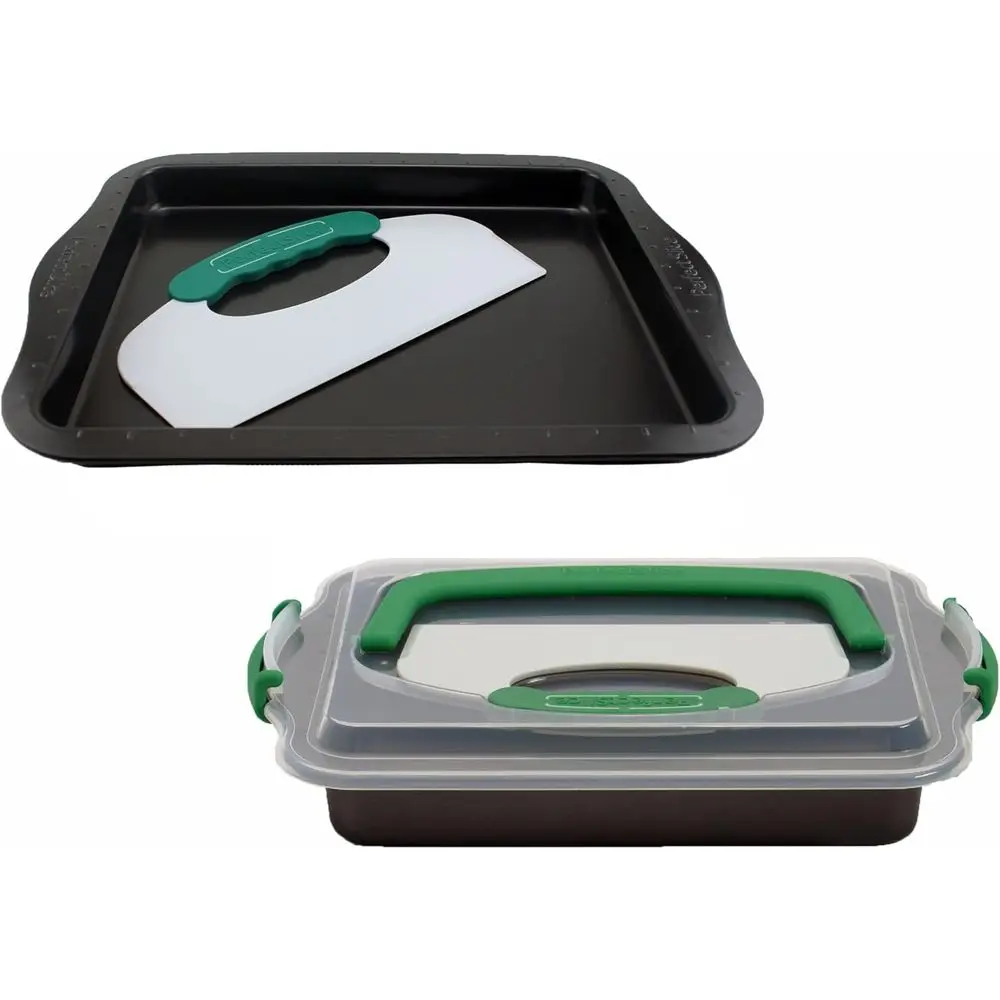 

5-Piece Rectangular Non-stick Bakeware Set with Slicer, Silicone Handle, Green, Non-Toxic, Oven Safe to 482°F, Portion Control