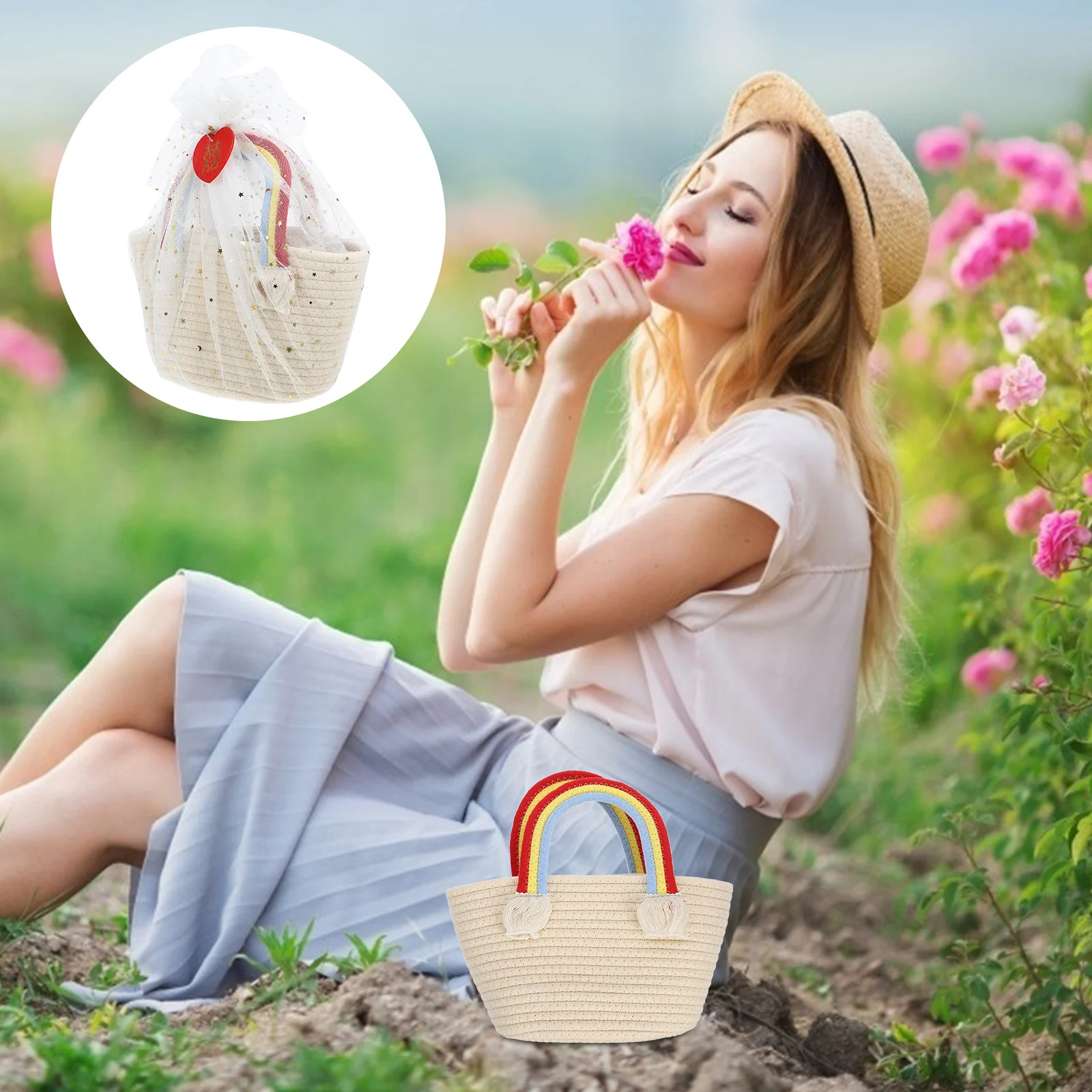

Beach Rainbow Cloud Handbag Market Woven Tote Basket Other Storage Baskets Cute
