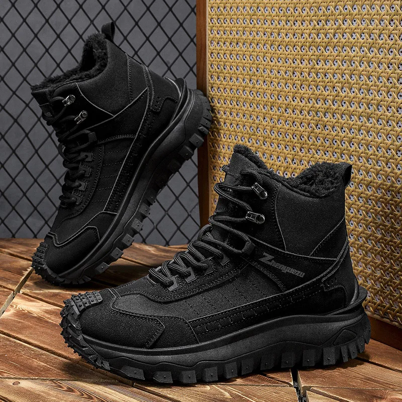 Men Plus Size Winter Snow Boots Tactical Hiking Shoes Thick Plush Lined Booties Aggressive Lug Sole Outdoor Work Footwear