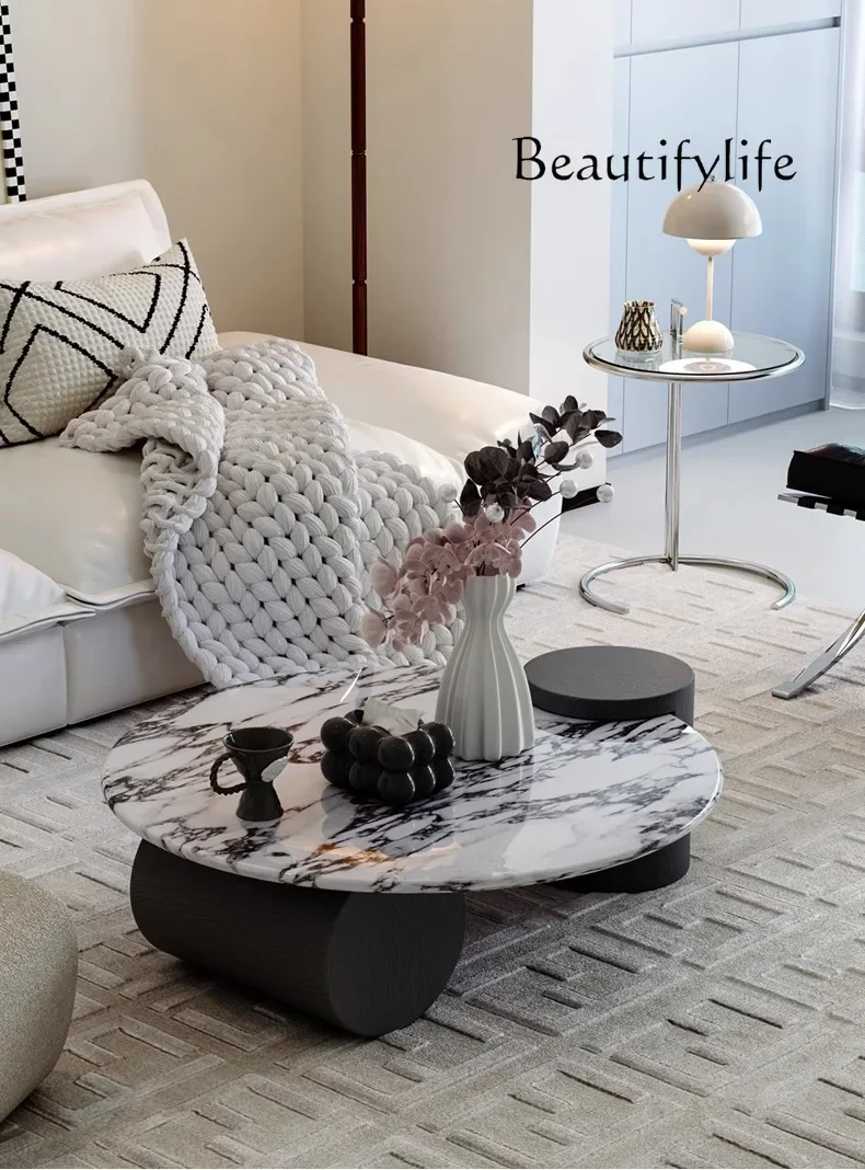 FKFrench Coffee Table Marble Solid Wood Round Living Room Household Light Luxury High-end Small Apartment Table