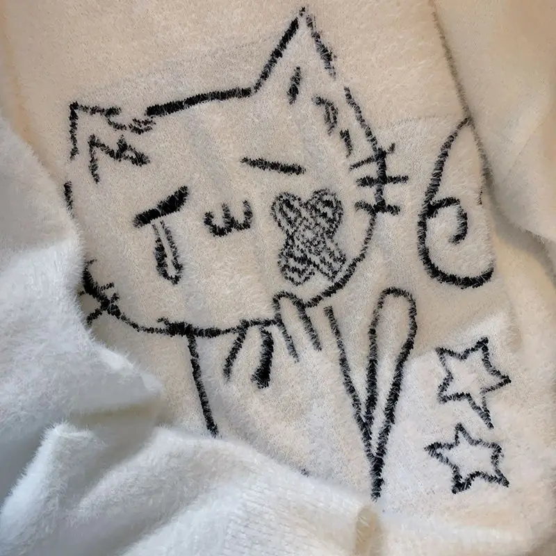 Witte Truien Cartoon Kattenprint Jacquard Geweven Gebreide Trui Koreaanse Winter Vrouwen Ontwerper Losse Schattige Gebreide Truien Tieners