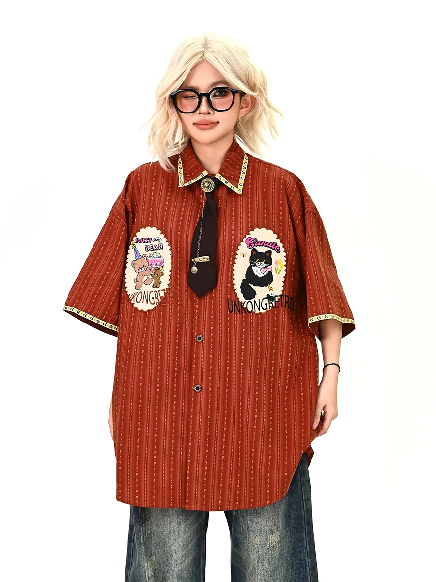

Summer New Loose Women's Cartoon Tie Short Sleeve Shirt Couple's Top American College Style Casual Fashion Female Shirt
