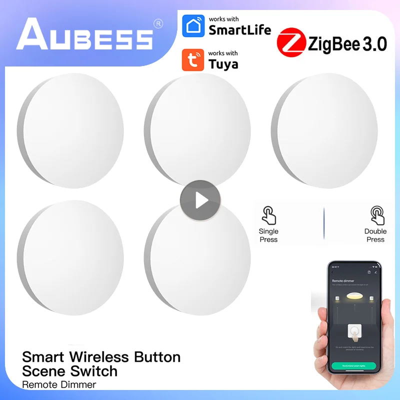 Aubess ZigBee Button Scene Switch Multi-scene Linkage Smart Switch Battery Powered Works With Tuya Smart Life Zigbee Devices