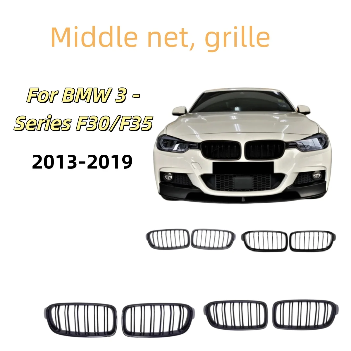 

For BMW 3 Series F30 F35 2013-2019 Front Kidney Grill Premium ABS Glossy Black Double-Slat Design Replacement Auto Part