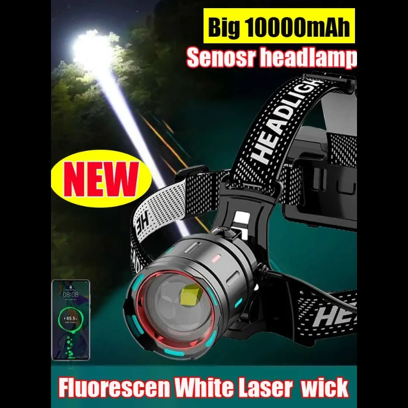 1000W LED Senson Headlamp Flashlight White Laser Wick with Fluoresce Zoom Waterproof Head Lamp 9900000000LM Head Light for Camp
