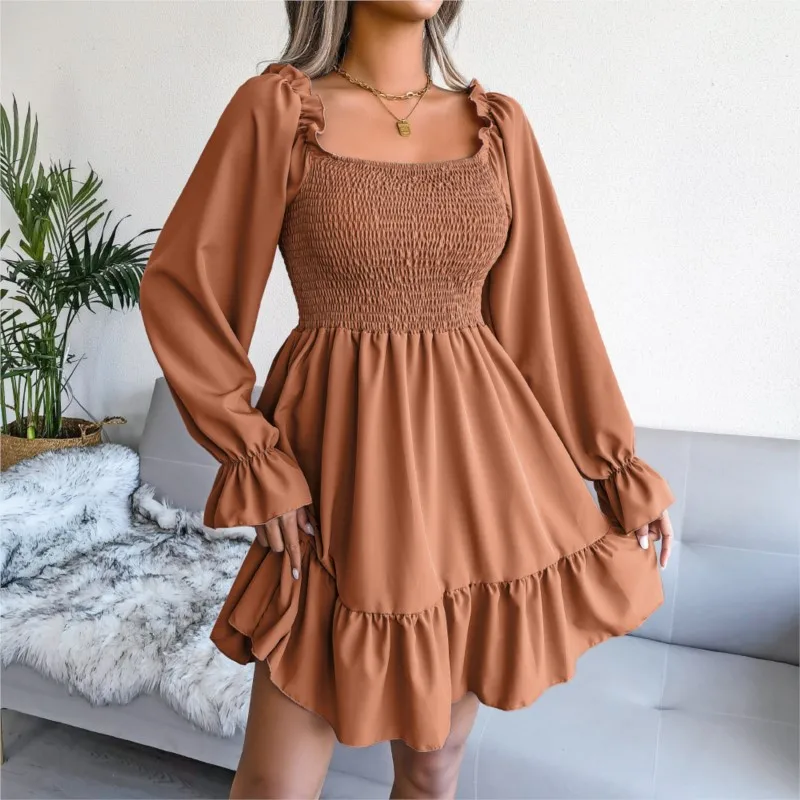 2024 Autumn/Winter New Square Collar Horn Long Sleeve Solid Color Ruffle Large Swing Dress for Women