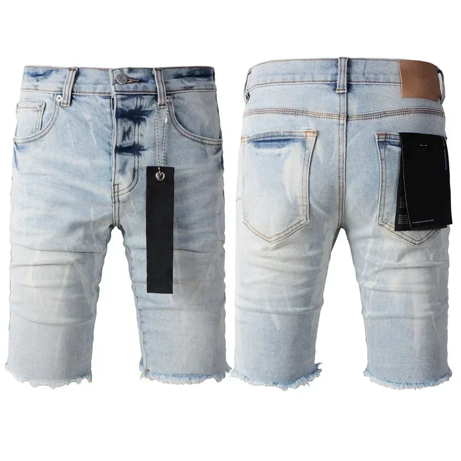 Top quality New Purples Jeans Men Trendy Elastic Edged Middle Pants Irregular Blue Color Washed Denim Shorts brand pants