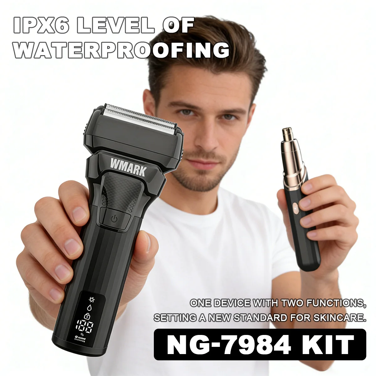 

Электробритва WMARK с двойной сеткой, 9000 об/мин, полностью металлический корпус, IPX6, LED-дисплей, беспроводная, профессиональная, для мужчин