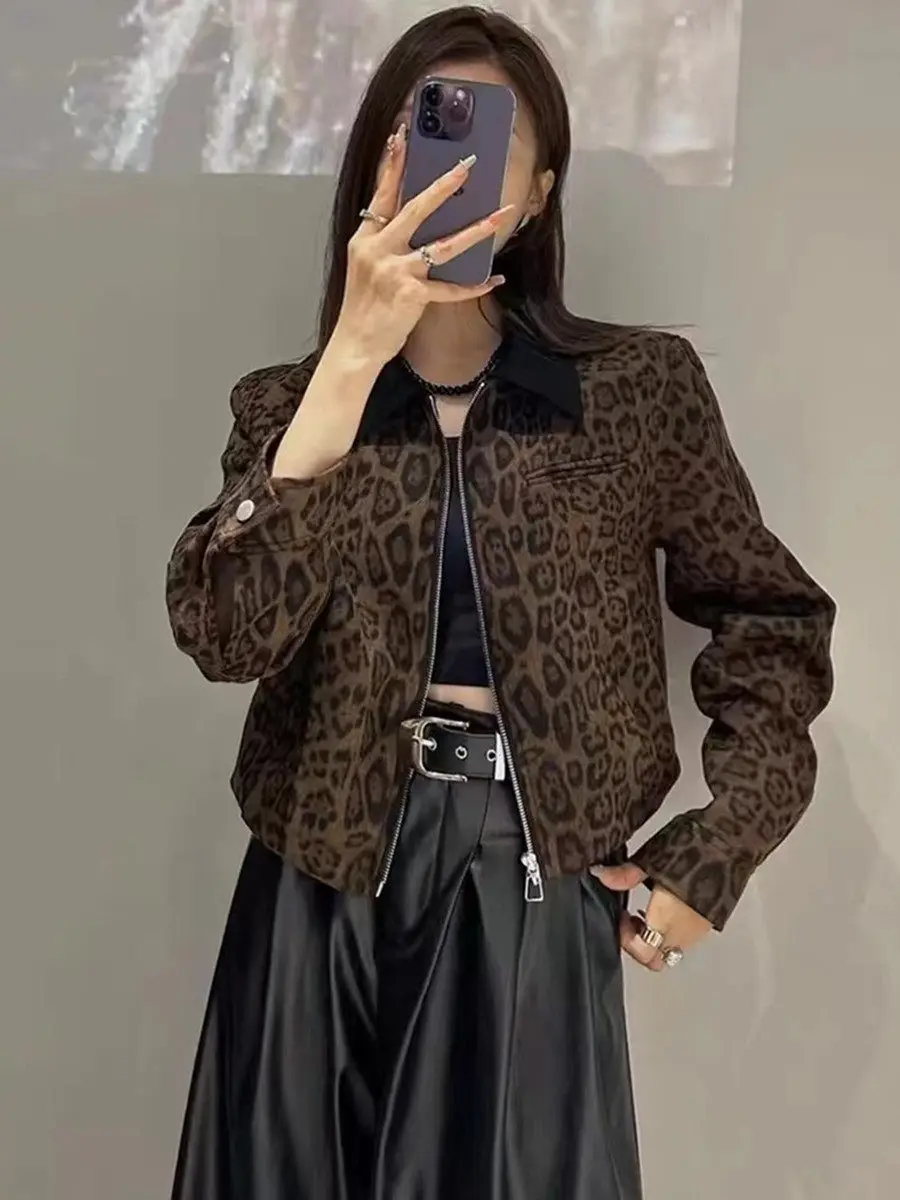 

Винтажная куртка с леопардовым принтом, женская осенне-зимняя укороченная приталенная куртка-дальнобойщик, стильная, приятная для миниатюрных универсальная верхняя одежда, топ