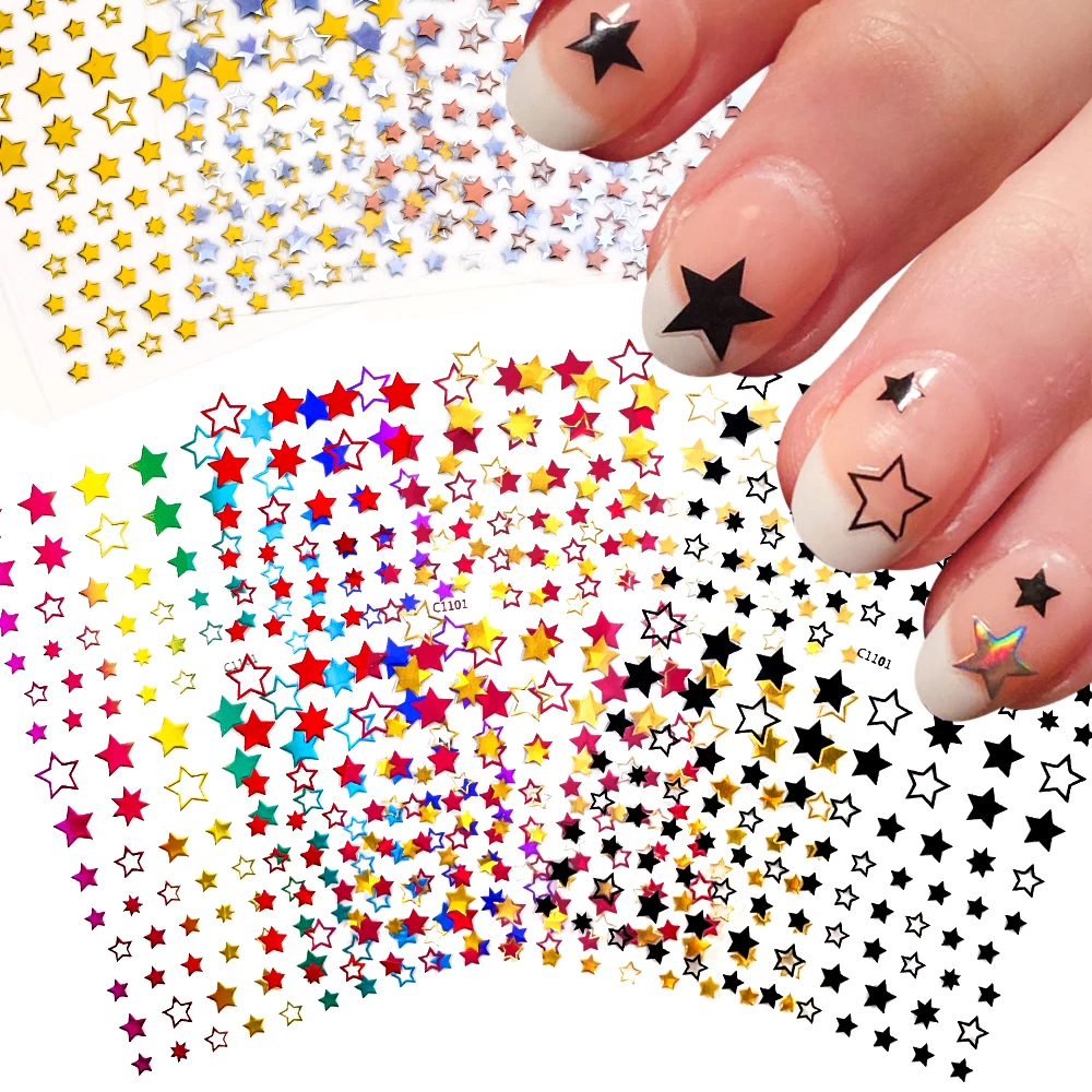 12/9/6Pcs Y2K Star Bronzing Nail Sticker Gold Black White Silver Pentagrams Adhensive Decals 3D Starlight Manicure Sliders