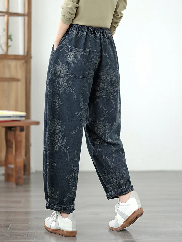 الرجعية Waed الأزهار التطريز المرأة الجينز مرونة الخصر فضفاضة التخسيس عارضة هارلان السراويل الخريف جديد Sle الأزرق القطن بو...