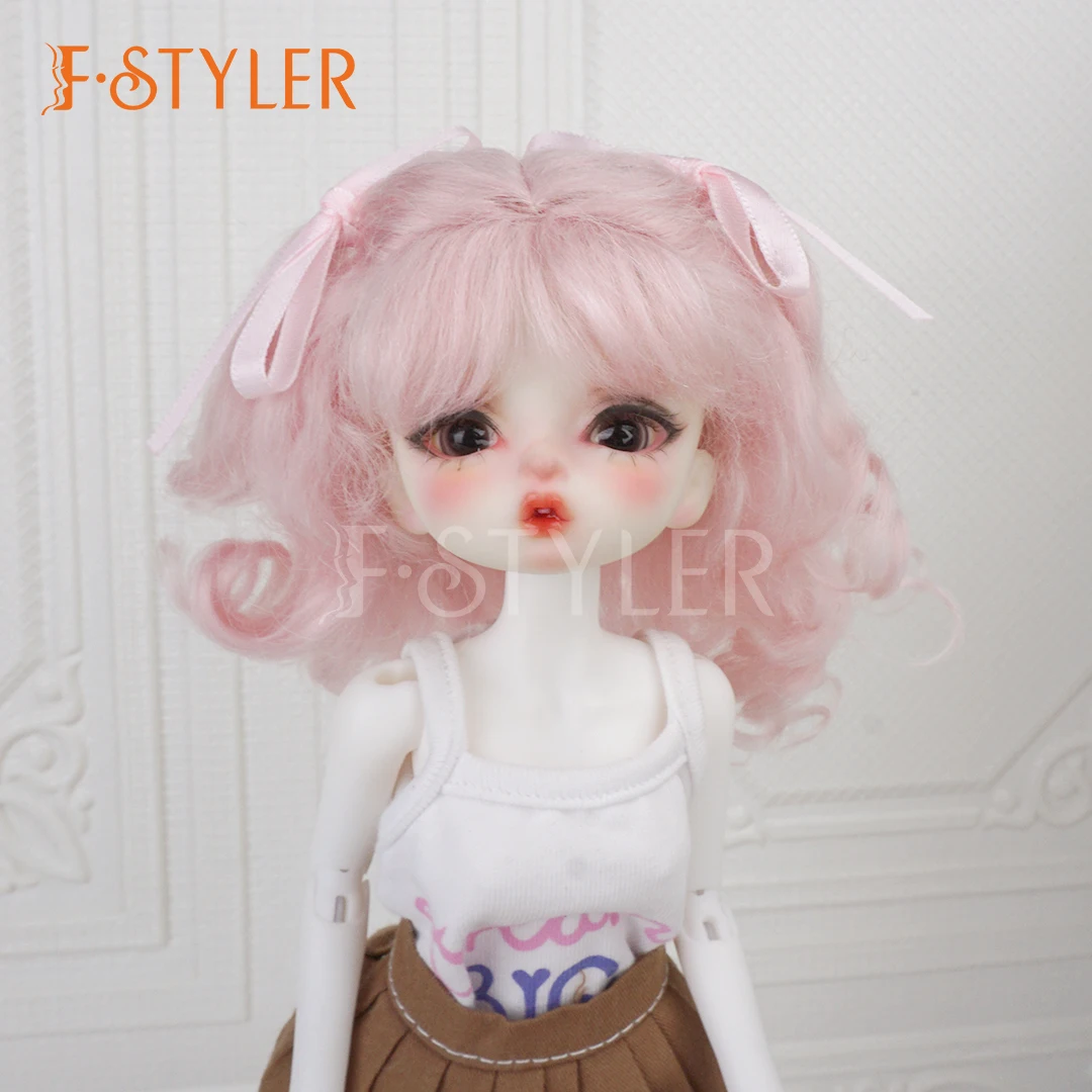 FStyler Mohair Doll Wig for BJD Fluffy Wavy Curly Wig with Bangs Gold Color Brown 5-6 Inch Head Toys Dolls Diy Accessories