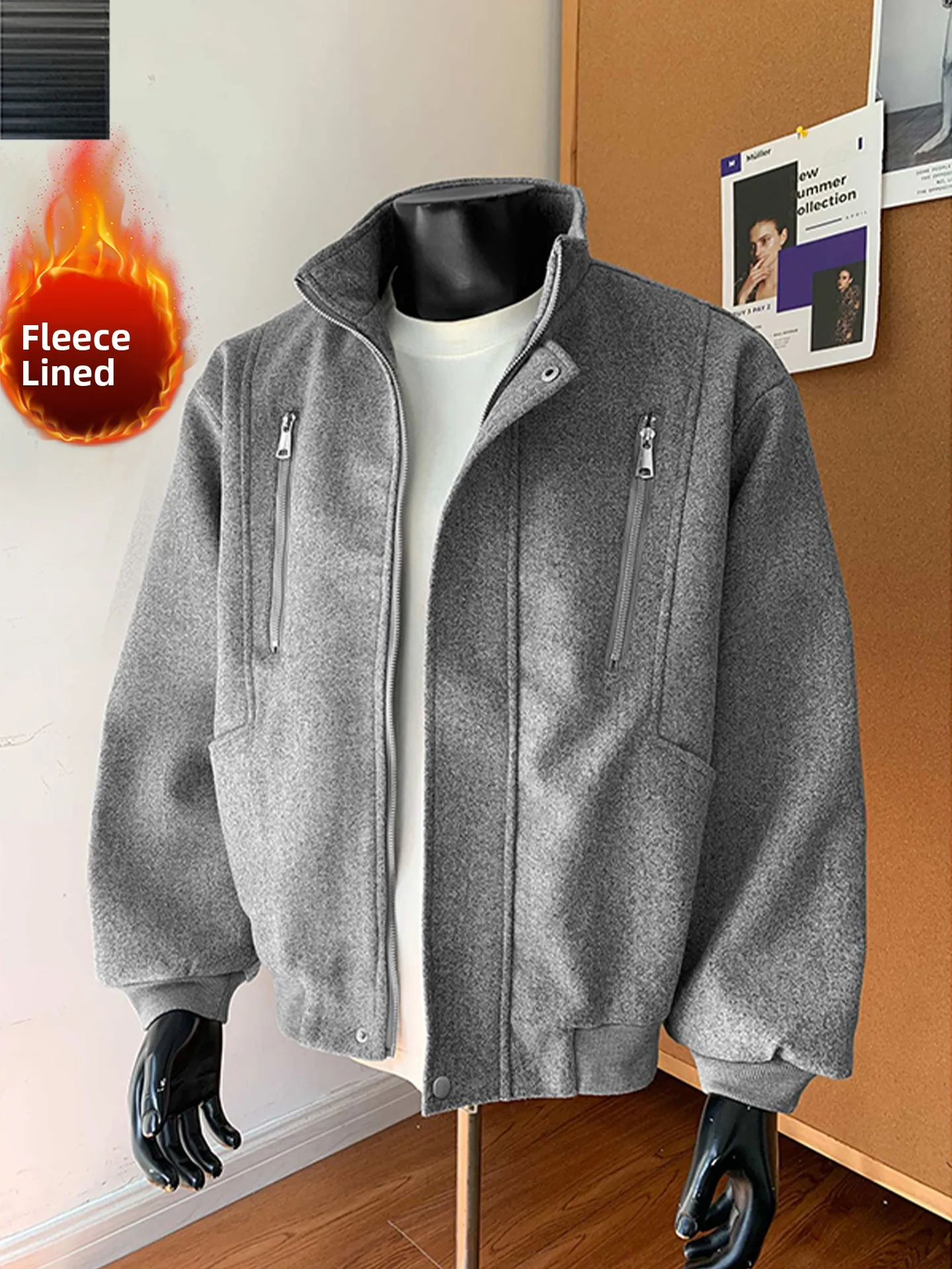 

Retro American Woolen Cotton Jaet Men's ort Sle Cool Haome Autumn Winter Outerwear Casual Warm Thiened Polyester