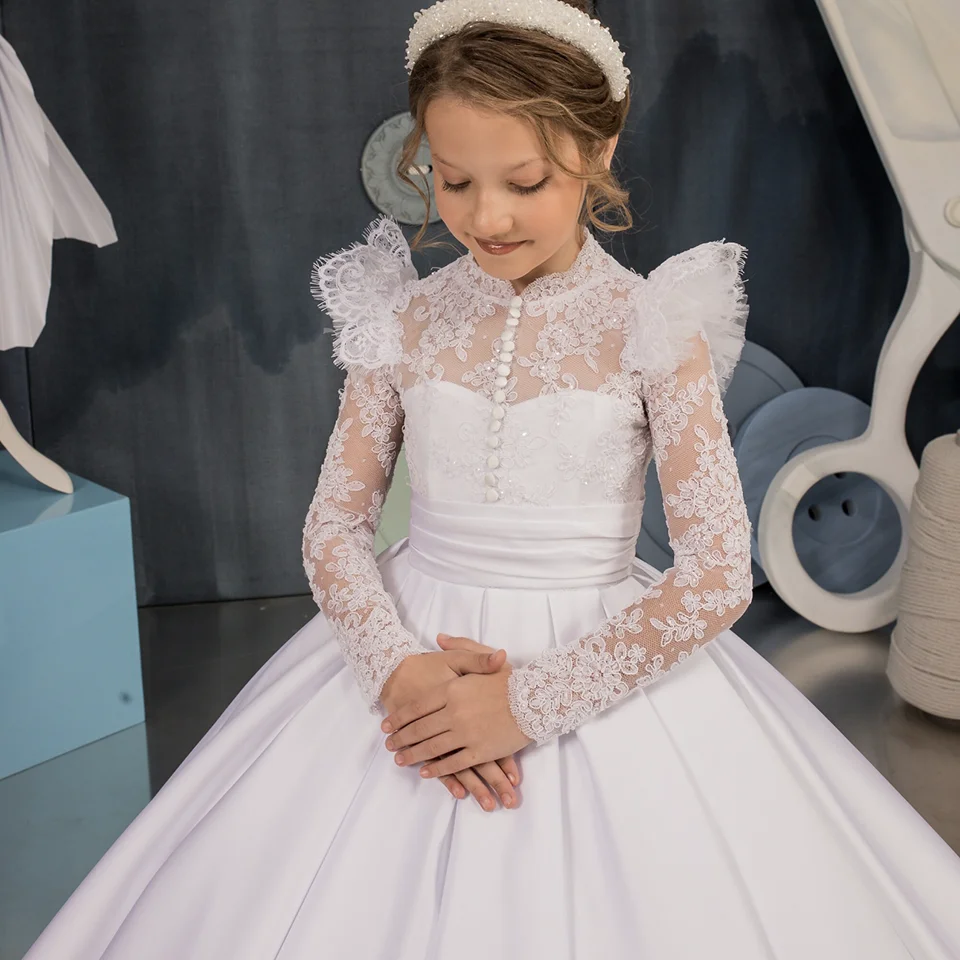 Vestido largo de tul para niña, traje de princesa con estampado de flores, Color blanco personalizado, para fiesta de boda y Noche