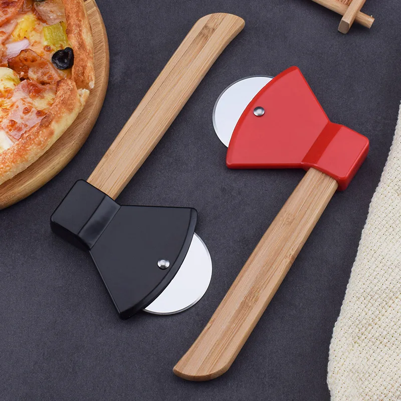 1PC Stainless Steel Bamboo Handle Hatchet Pizza Hob Creative Round Single-wheel PIZZA Cutter Kitchen Baking Tool