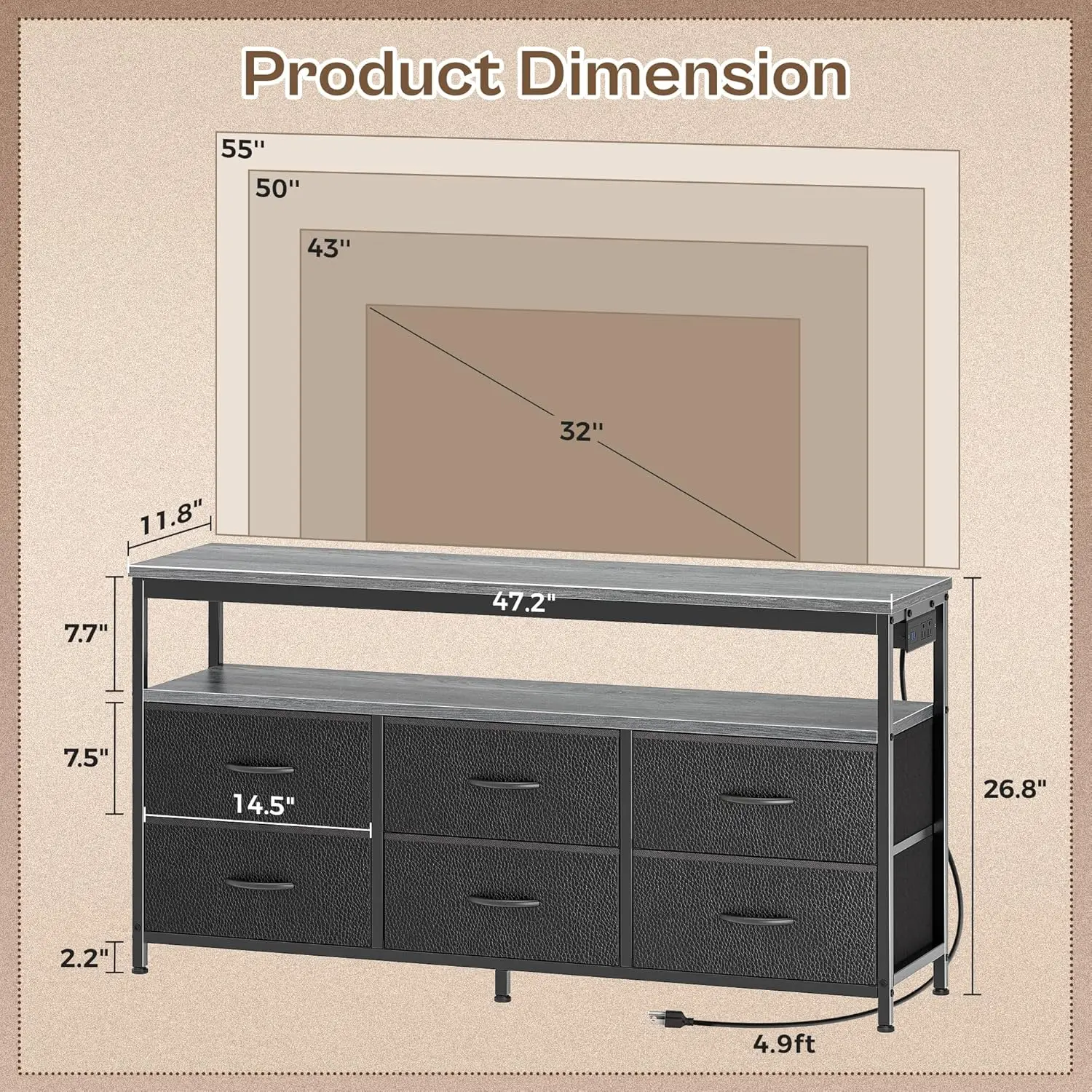 LED TV Stand for Bedroom, 47 Inch Dresser with Power Outlets, Entertainment Center for 55, 50, 43 Inch TV, 6 Drawer Dresser