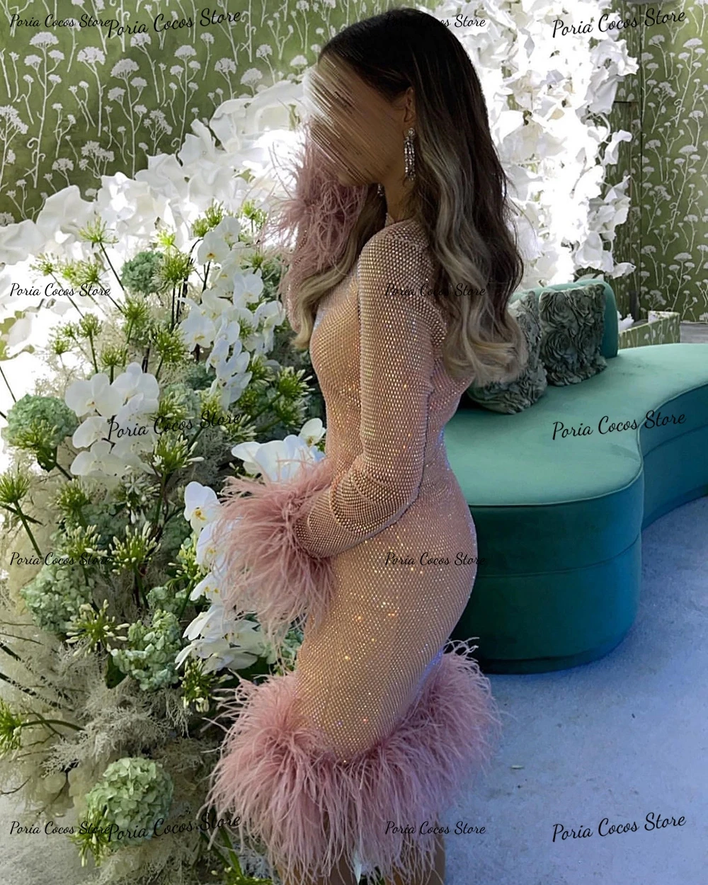 Exquisite Mini Dress Feathers Party  Long Sleeve Sparkly Stylish Evening es Illusion Prom Gown فساتين الحفلات