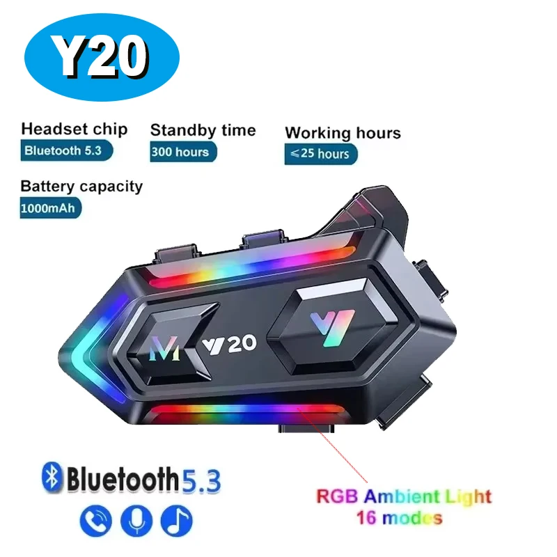 Y20 Motorcycle Helmet Bluetooth Headset Rider 1000mAh Music Player Communicator Speakers BT5.3 RGB Colorful Lights Waterproof