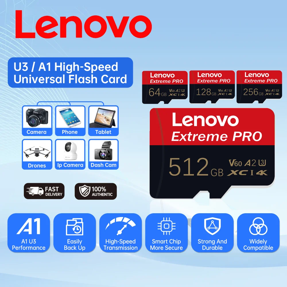 

Lenovo 1TB High-Performance Micro TF SD Card Huge Capacity Class10 256GB Memory Cards, Shockproof Stable Design for camera/PC