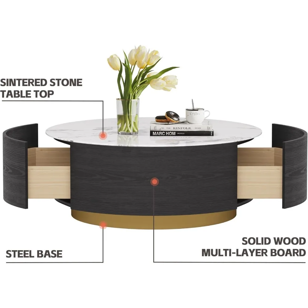 Round Coffee Table2 Drawers, Sintered Stone Tabletop and Golden Base, Center Table Living Room, Fully Assembled, EndTable 33.4\