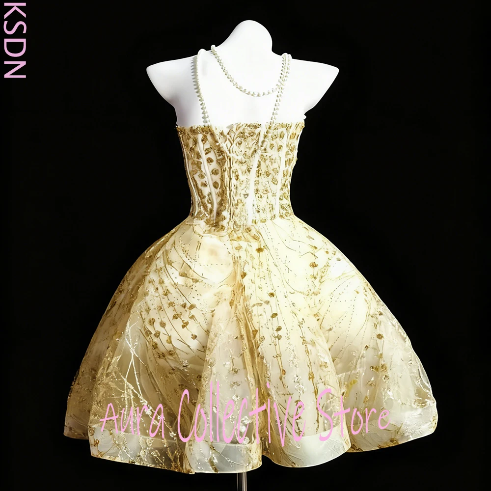 Robe de bal sans bretelles à paillettes dorées pour femmes, avec corsage Corset, jupe en Tulle brodée transparente, luxueuse robe de bal de soirée sans manches