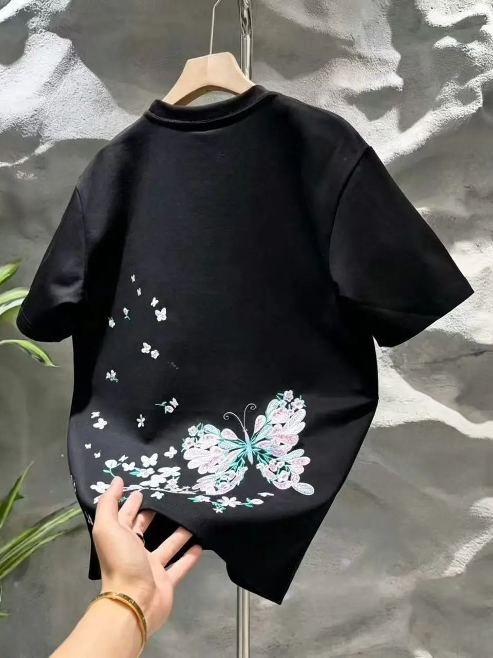2026 Summer New Chinese Style Colorful Butterfly Floral Embroidery Black T-shirt Men Loose Casual White Daily Short Sleeve Tee