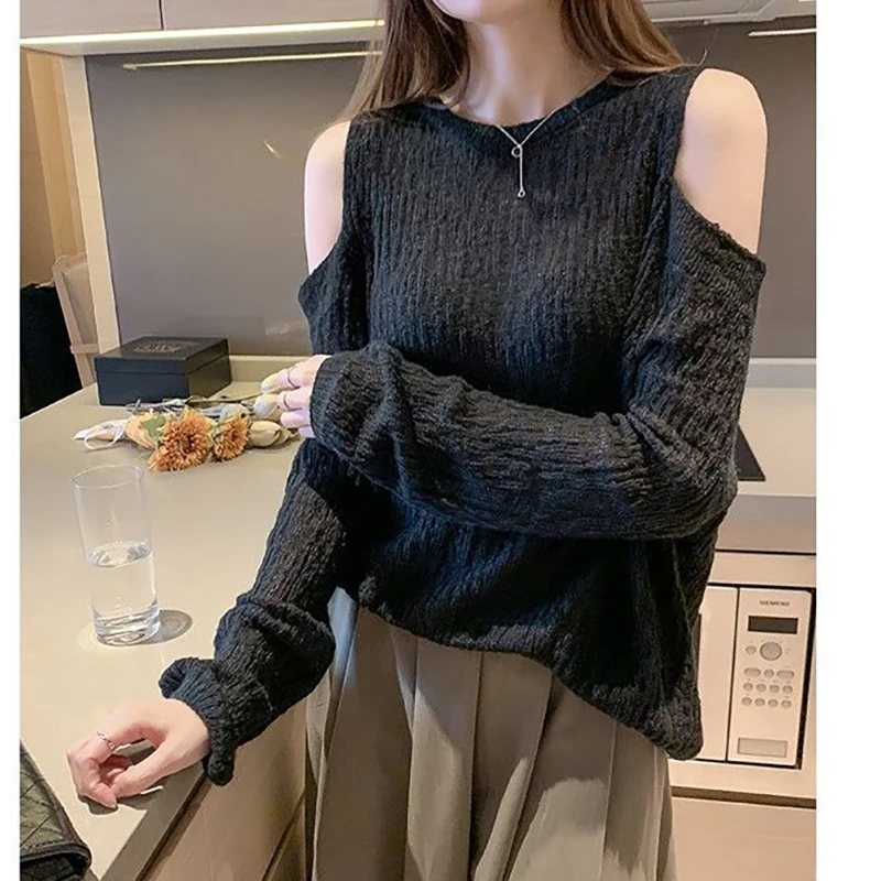 Fashion Solid Color Korean Knitted Off Shoulder T-Shirt Female Clothing 2024 Spring Summer New Loose Sweet Tops Casual Tee Shirt