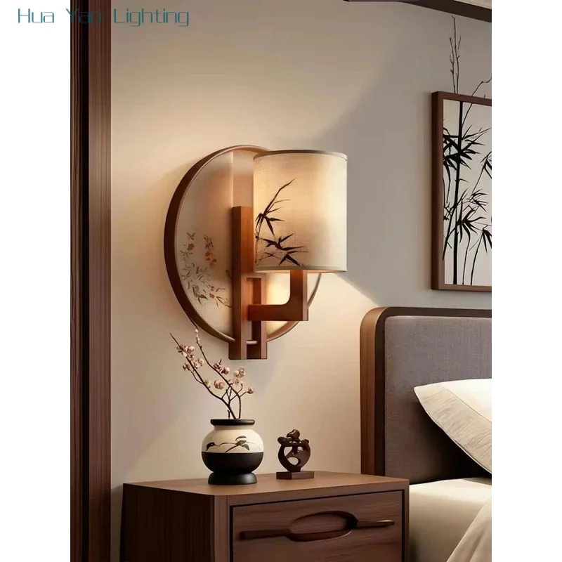 Home Decor Fabric Wall Lamp Retro Wood Art Design Wall Sconce For Bedroom Bedhead Living Room Background Wall