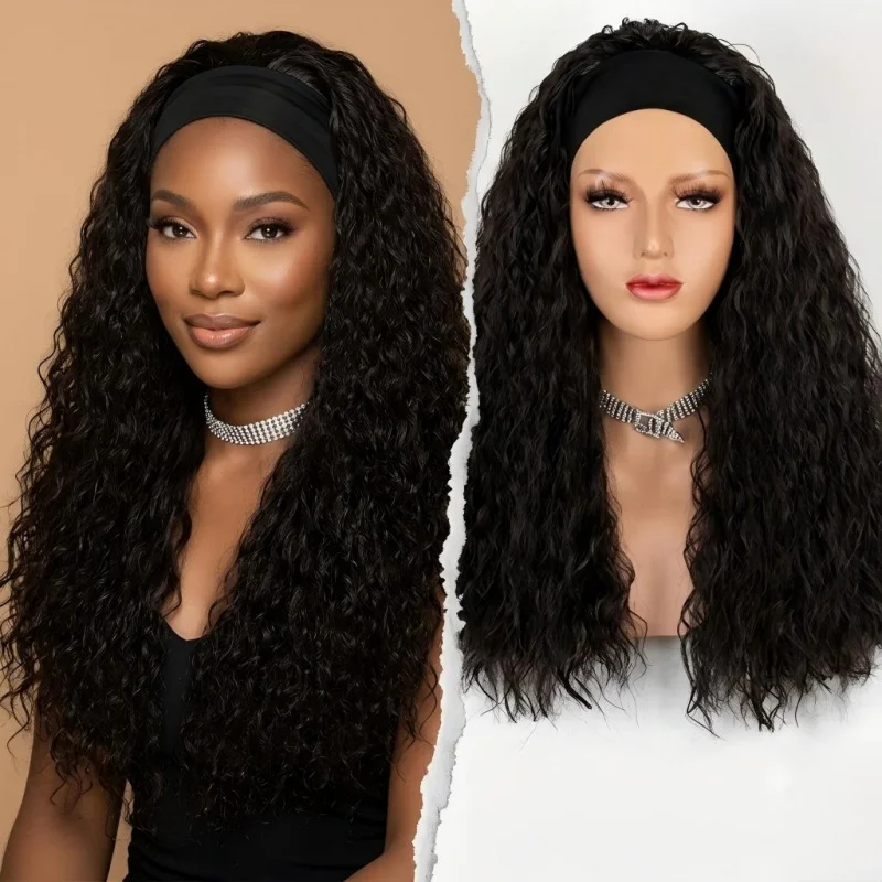 

24 Inch Jet Black Kinky Curly Headband Wig Synthetic Hair, Glueless No Lace Fluffy Afro Curls Heat Resistant Wigs for Women