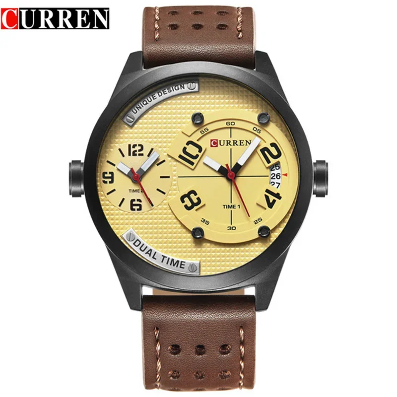 CURREN M8252Luxury Brand Watches 2 Time Fashion Casual Quartz Watch Leather Strap Men Sports Wristwatch Man Relogio Masculino