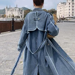 Vintage Blue Denim Windbreaker Jacket Autumn Spring Trench Coat Women Loose Casual Elegant  Long Jeans Overcoat Female Clothing