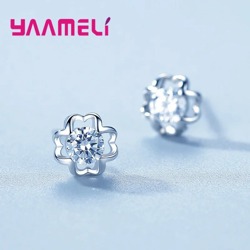 

Original 925 Sterling Silver Geometric Flower Crystal Zircon Stud Earrings for Women Girls Wedding Party Fashion Jewelry Gifts