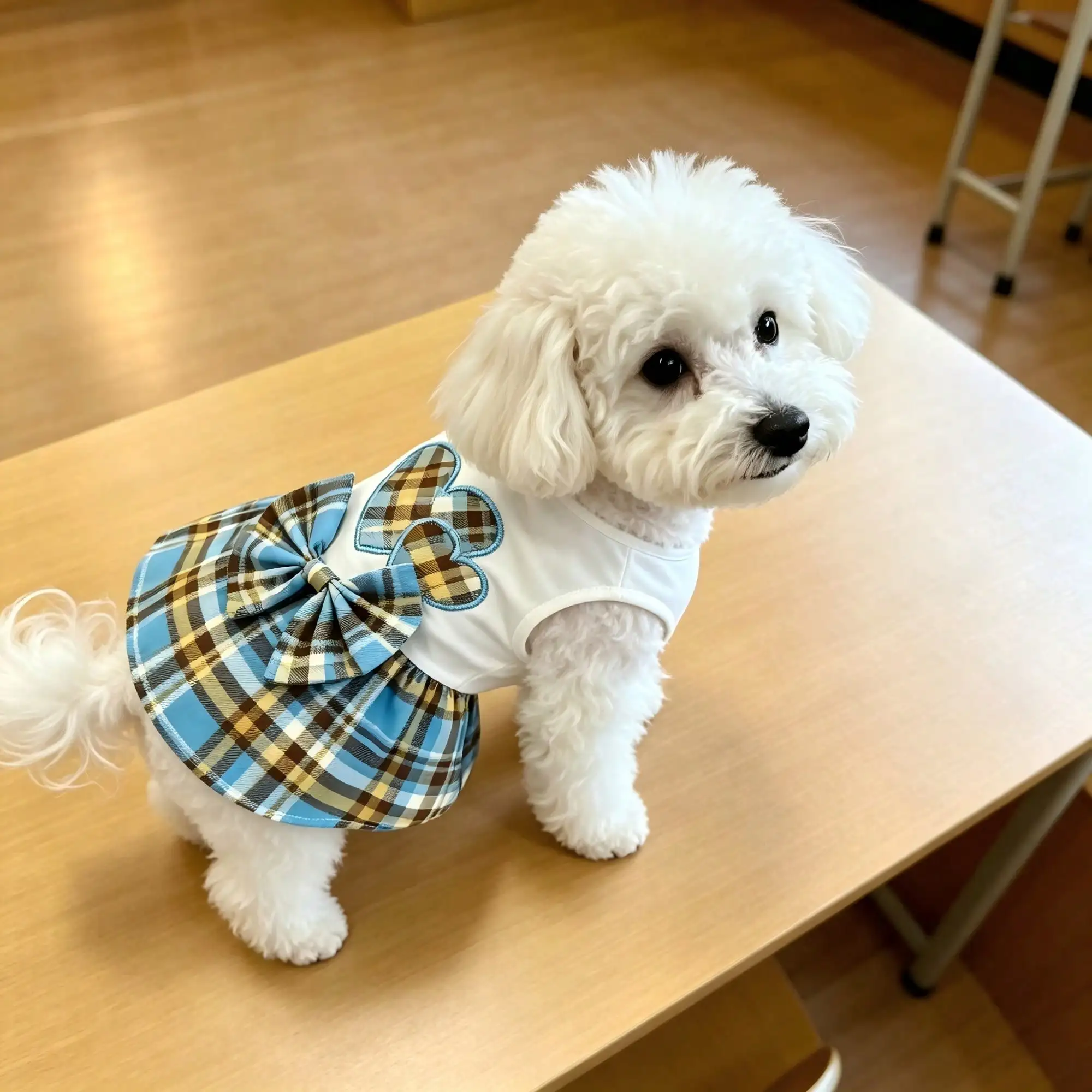 Vestido chaleco para perro blanco cuadros azules con lazo y corazones