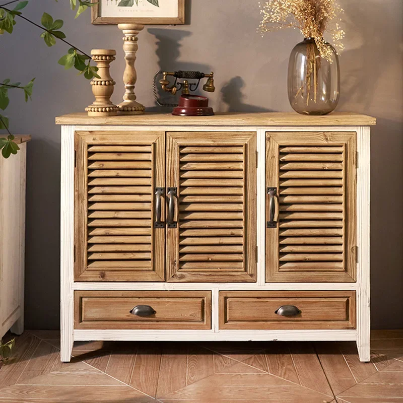 Retro and old solid wood dining side cabinet decorative locker living room entry medieval window decorative cabinet against the
