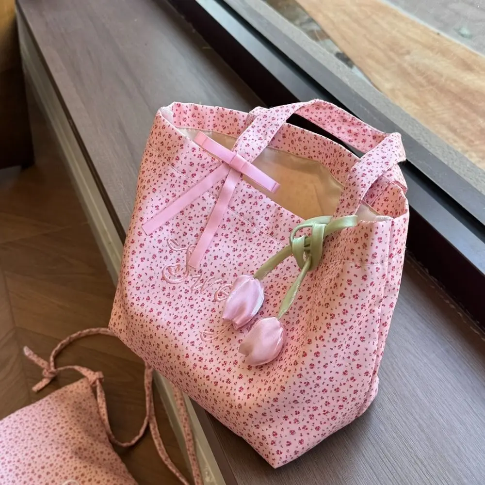 Gifts Pink Flower Handbag Floral Printed Embroidery Letter Shoulder Bag Large Capacity Storage Bag Women