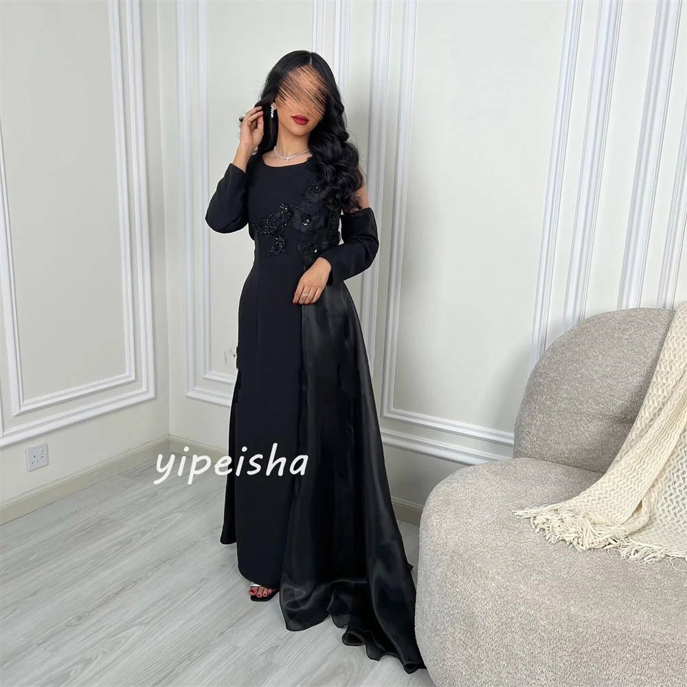 Exquisite Elegant Jersey Applique Flower Beading Sequined Pleat A-line Scoop Neck Long Dresses Celebrity Dresses Matching Retro