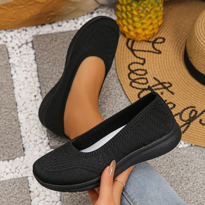 Women's Slip on Flats Woven Look Sneakers Round Toe Casual Everyday Walking Shoes Sporty Loafers Knit Look Upper Daily Footwear
