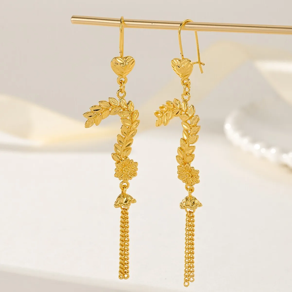 9999 gold high-end style wheat-styled fringed earrings for women, suitable for summer,