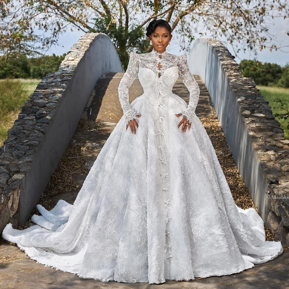 Customized High Collar Lace Wedding Dress Beaded Sequin Emebllished Bridal Gowns Front Button Princess Vestido De Novia