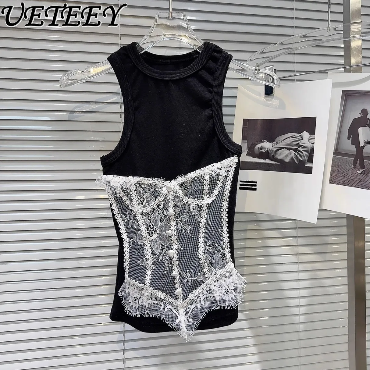 

2025 Summer New Personality Sweet and Cool Spice Girls Sleeveless Black Vest Slimming Lace Patch Design Tank Tops for Women