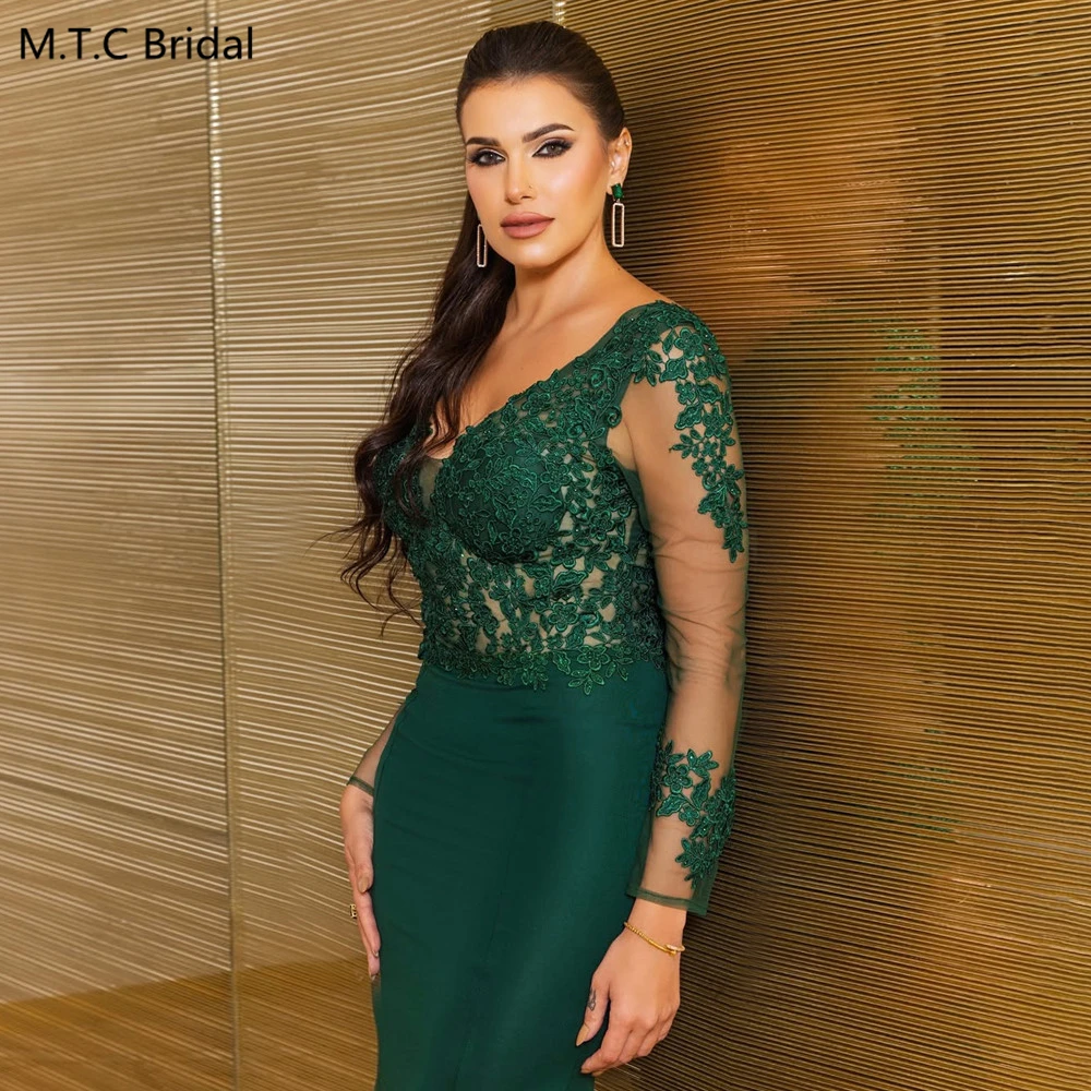 فستان سهرة بحورية البحر باللون الأخضر بأكمام طويلة 2025 أنيق مزين بالدانتيل الوهم من الساتان مناسبة رسمية حسب الطلب