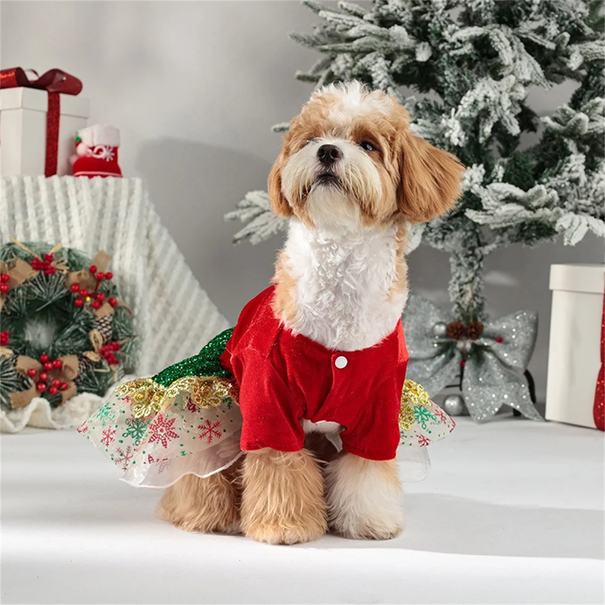 

Dog Christmas Outfits Girl Dog Holiday Dress Lightweight Doggie Costume Puppy Clothes Pet Apparel With Bowknot Cat Clothing