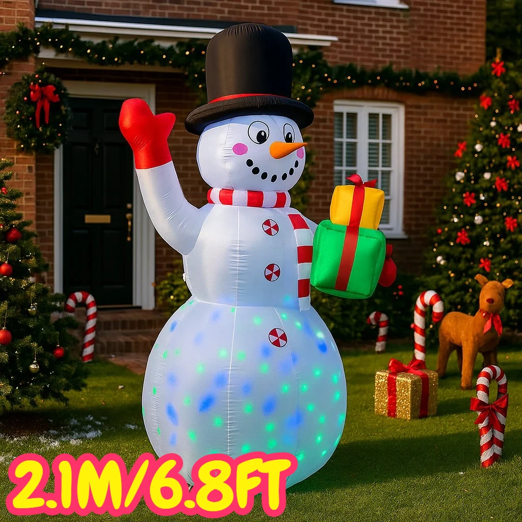 2.1M/6.8FT Kerstversiering Opblaasbaar Speelgoed Sneeuwpop Holding Geschenken Huis Tuin Ornamenten met LED Licht Kerst Outdoor Speelgoed
