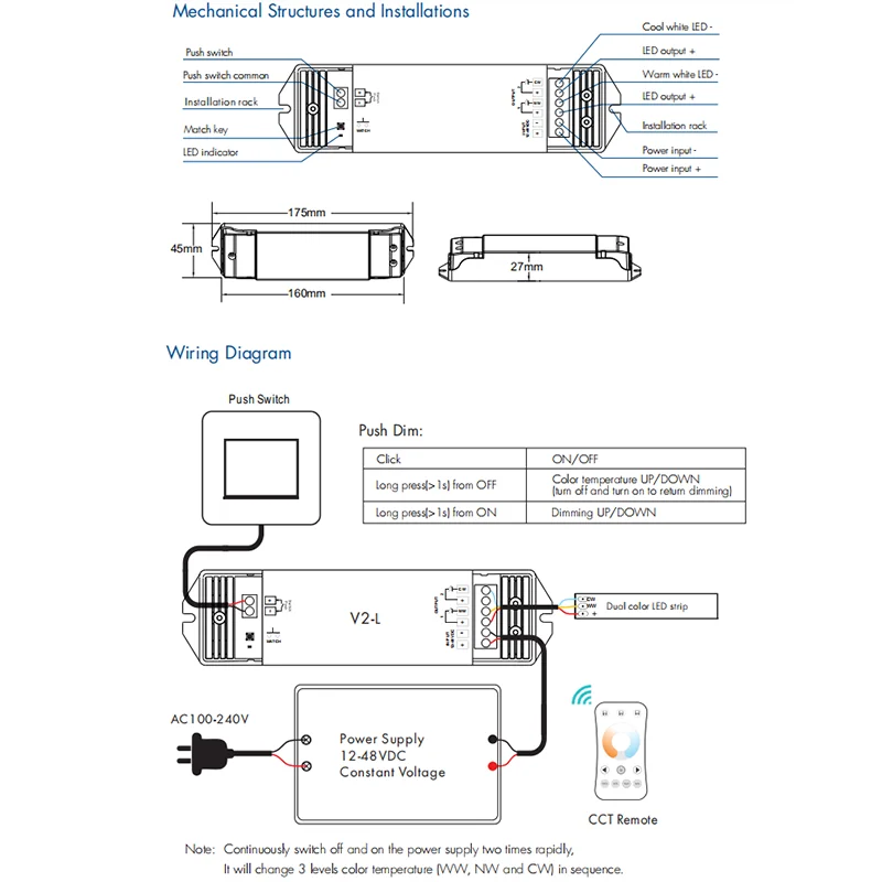 Controlador de luz LED V2-L, Control remoto inalámbrico RF WW CW, 12-48V, 2 canales, 16A, 2,4G, interruptor de atenuación para tira de luz LED blanca CCT Daul