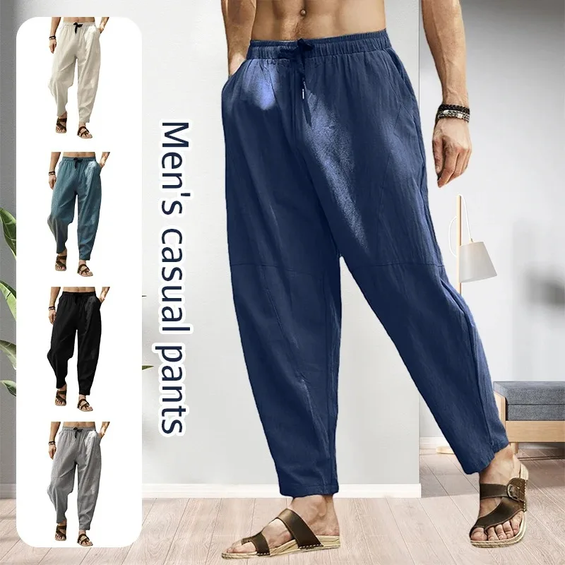 Summer Men Casual Loose Pants Cotton Linen Trousers Drawstring Hip-hop Pants Streetwear Beach Yoga Harem Pants