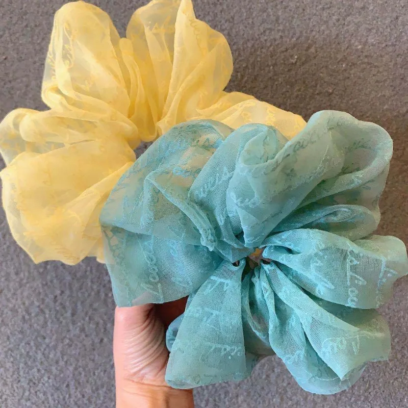 Fashion Oversized Organza Letter Scrunchies for Women Soild Color Ponytail Elastic Hair Ties Satin Scrunchie Headwear