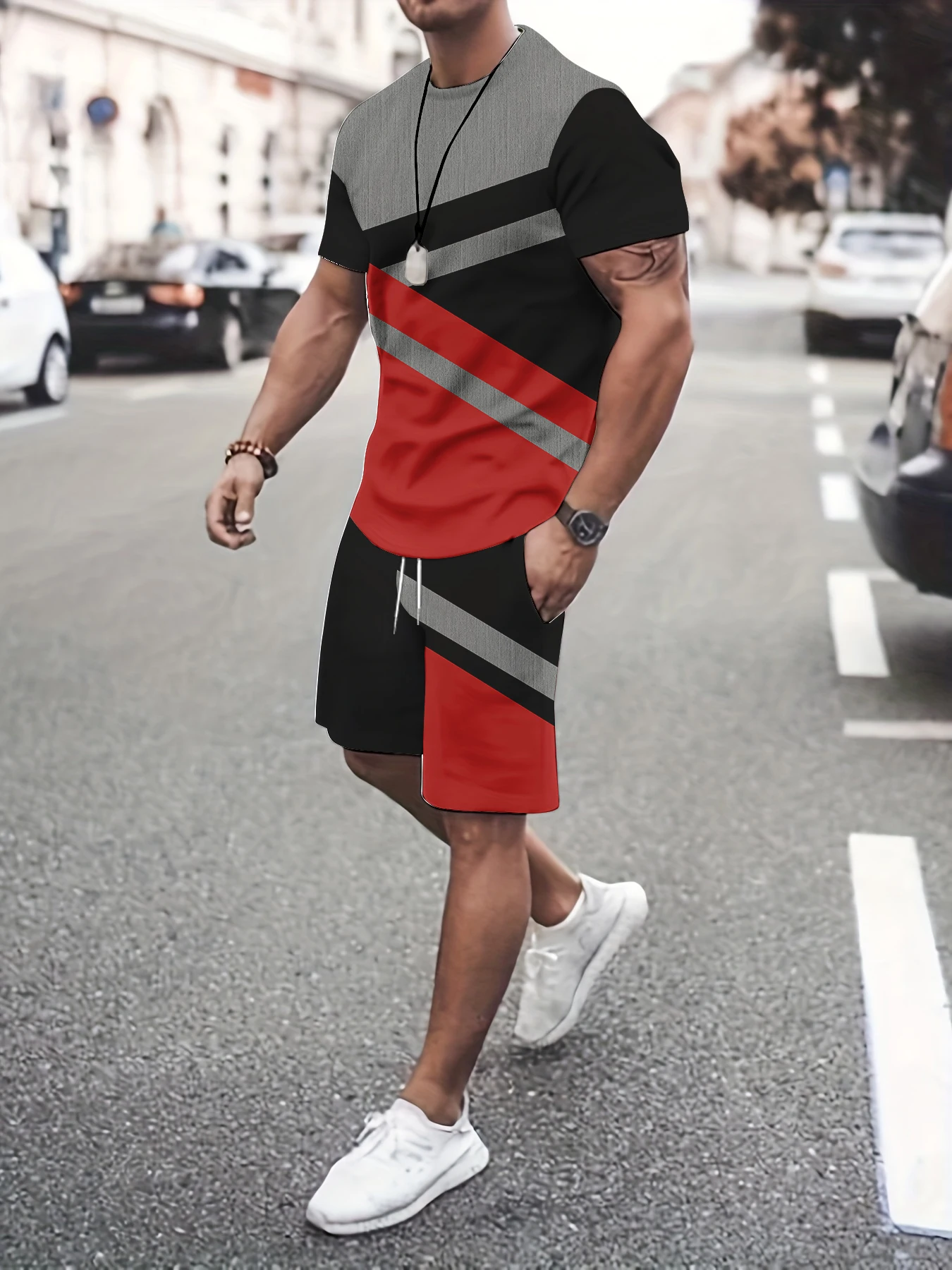 

Boys' Everyday Versatile Outfit: Gray, Black, and Red Color-Blocked Printed T-Shirt and Shorts, Comfortable Two-Piece Set for Going Out